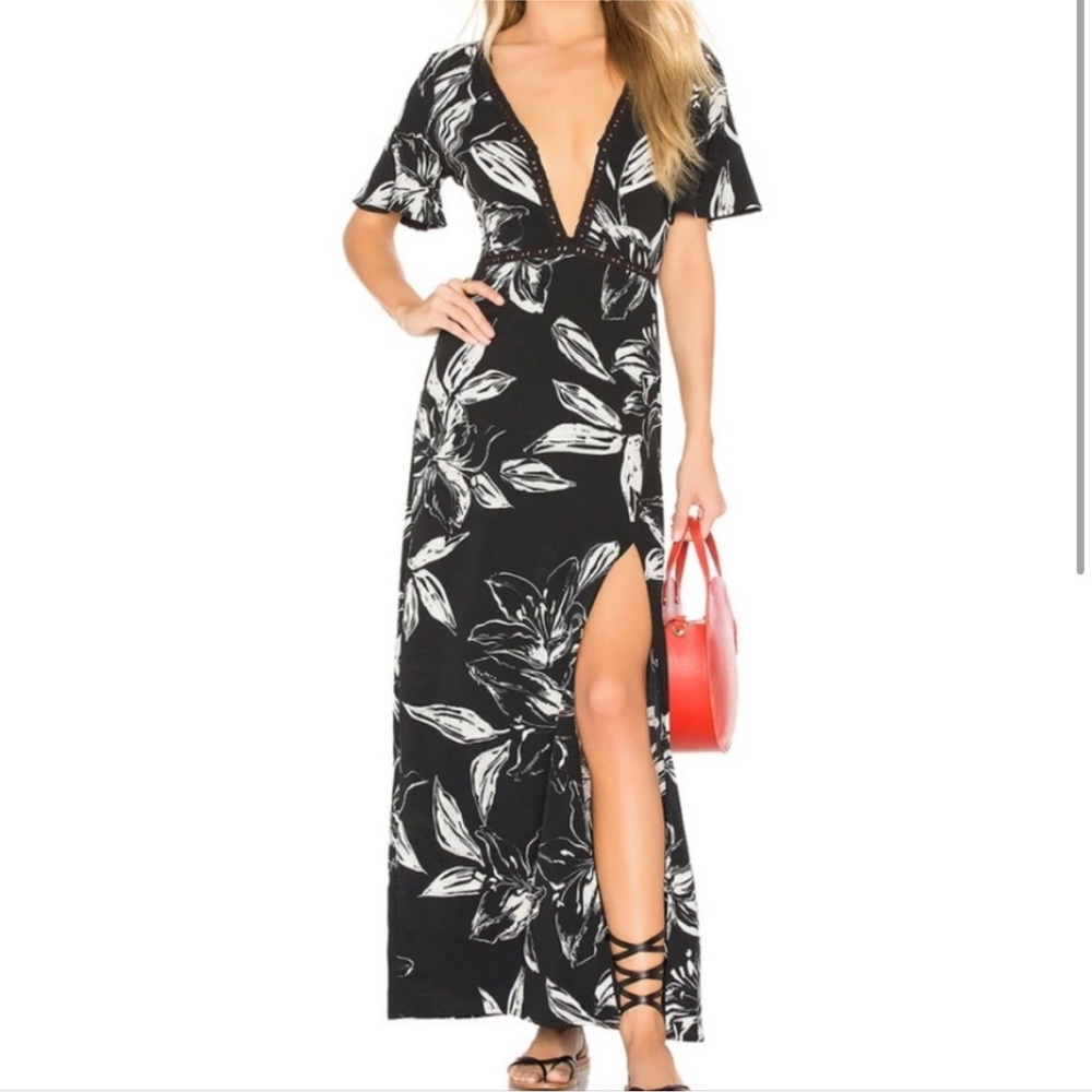 Revolve Amuse Society Seaside Floral V Neck High Slit Maxi Dress Black (xs)